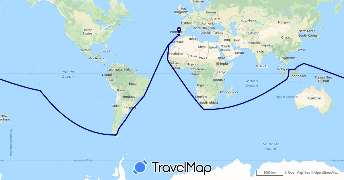 TravelMap itinerary: driving in Argentina, Brunei, Brazil, Chile, Cape Verde, Spain, France, Indonesia, Morocco, Mauritania, Malaysia, Philippines, Senegal, Uruguay, South Africa (Africa, Asia, Europe, South America)